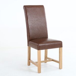 Brown leather dining chair with a high backrest and light wooden legs on a white background. The design is modern and elegant, suggesting comfort.