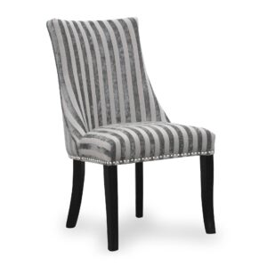 Elegant gray dining chair with vertical striped upholstery and dark wooden legs. The modern design features silver nailhead trim, conveying a sophisticated look.