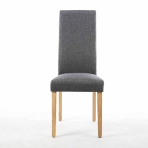 A modern dining chair with a tall gray upholstered backrest and cushioned seat, supported by four straight wooden legs on a white background.