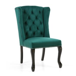 Elegant teal wingback chair with button-tufted upholstery. Features dark, curved wooden legs and silver nailhead trim, exuding a classic, sophisticated style.