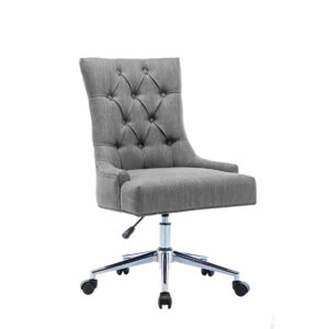 A gray upholstered office chair with a tufted, high-back design on a chrome base with wheels. It has an adjustable height lever. Modern and stylish.