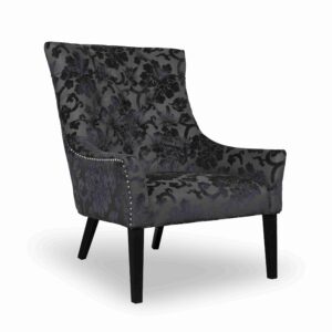 Elegant armchair with dark floral upholstery, featuring a tufted back and studded trim. The chair has smooth, angled black legs, exuding sophistication.
