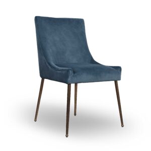 A modern blue velvet dining chair with a curved backrest and slender, angled metal legs. The chair exudes a sleek, sophisticated, and elegant feel.