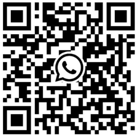 QR code with a black and white pattern. The center features a white circle with the WhatsApp logo, indicating it can be scanned for a WhatsApp link.