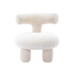 A modern, sculptural chair with a T-shaped backrest and plush, rounded seat and legs, upholstered in a soft, ivory fabric. The design is minimalist and cozy.