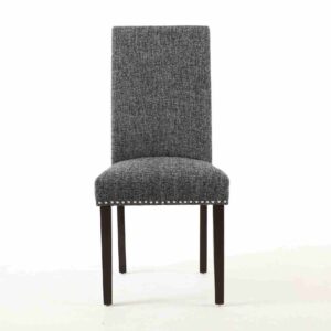 A modern dining chair with a tall, textured gray fabric backrest and seat. Dark wooden legs and silver stud accents along the seat edge convey elegance.