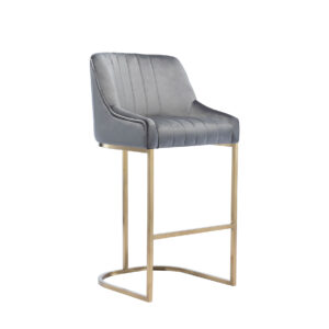 Modern bar stool with sleek gray upholstery and vertical stitching. Features a gold metal base with a footrest, conveying a stylish and contemporary look.