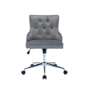 Gray tufted office chair on wheels with chrome base. Features adjustable height lever and stitched detailing, offering a modern and stylish design.